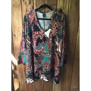 Win Win Flare Bottom Tunic Sz 2XL-3XL Floral Bell Sleeve V Neck